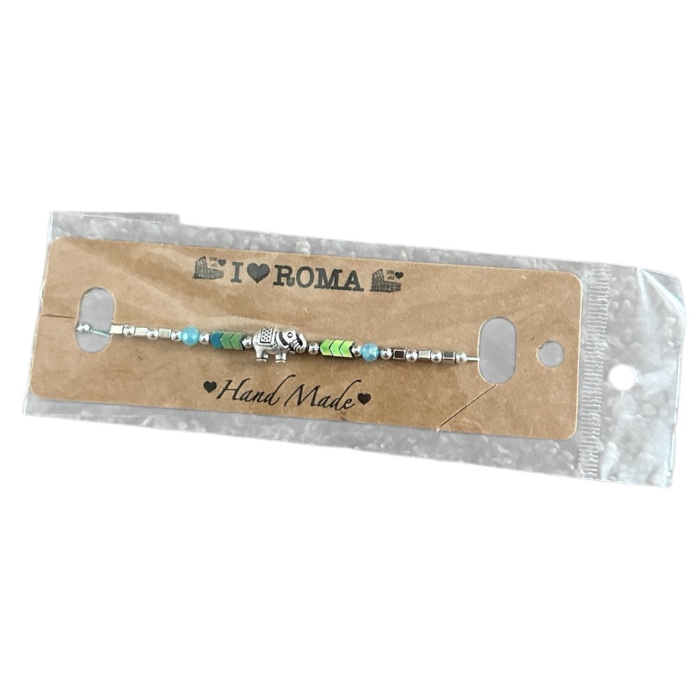 Handmade Silver and Green Beaded Bracelet beads elephant charm Italian made